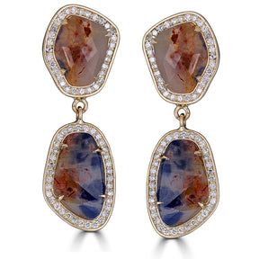 Blue and Cognac Sapphire Slice Diamond Gold Drop Earrings - Thomas Laine Jewelry