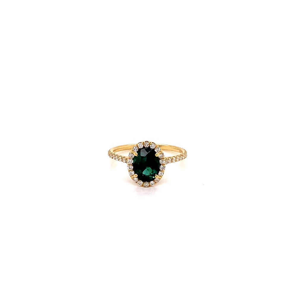 video 18 Karat Yellow Gold Green Tourmaline Ring with Diamond Halo