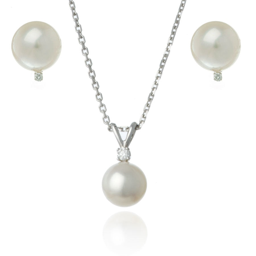 White Gold 8mm Freshwater Pearl and Diamond Set - Thomas Laine Jewelry