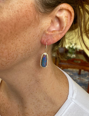 Stunning One of A Kind 14K Yellow Gold Australian Boulder Opal Diamond Earrings on Model