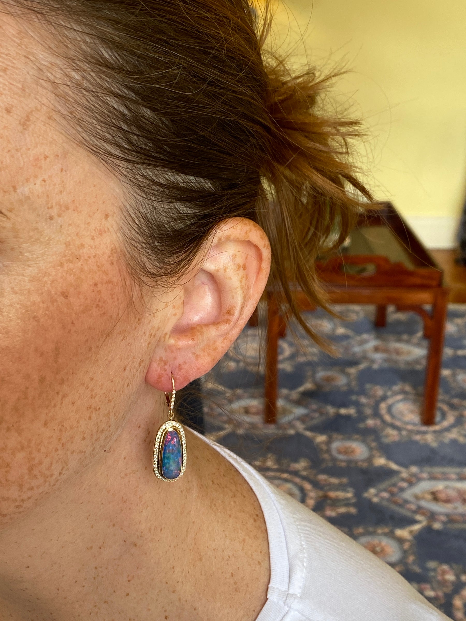 Stunning One of A Kind 14K Yellow Gold Australian Boulder Opal Diamond Earrings on Model