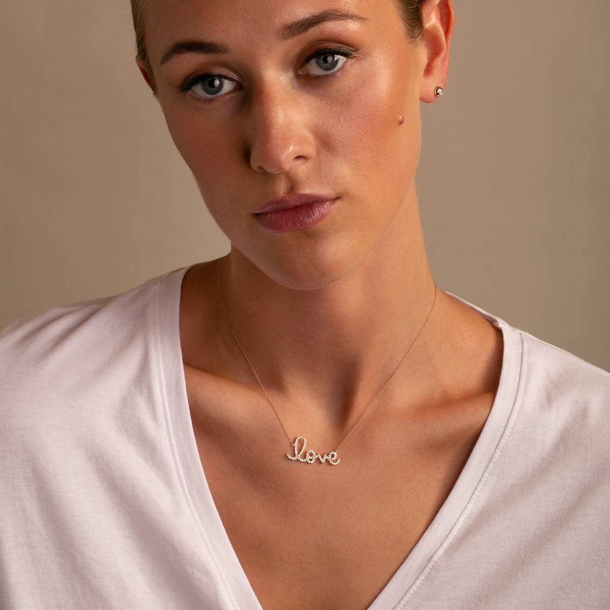 Large Gold and Diamond Love Necklace on model- 14k Rose Gold -Thomas Laine Jewelry