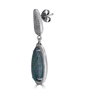Side Profile with Claw Setting Details of Green Australian Opal and sparkling white diamond teardrop set in a high polish 14k White Gold - Thomas Laine Jewelry