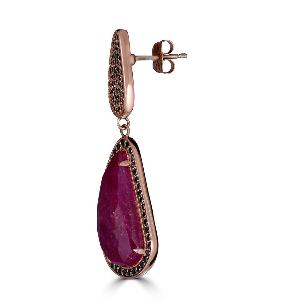Detailed Shot of  14k Rose Gold Ruby Slice and Black Diamond Drop Earrings Thomas Laine Jewelry