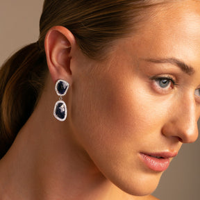 Vibrant Blue Sapphire Slice Diamond Gold Drop Earrings on model- Thomas Laine Jewelry