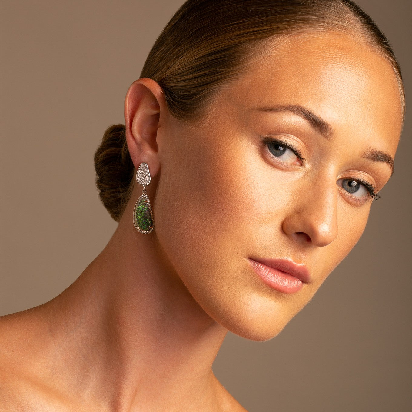 14K White Gold Opal and Diamond Drop Earrings  on model  Thomas Laine Jewellery