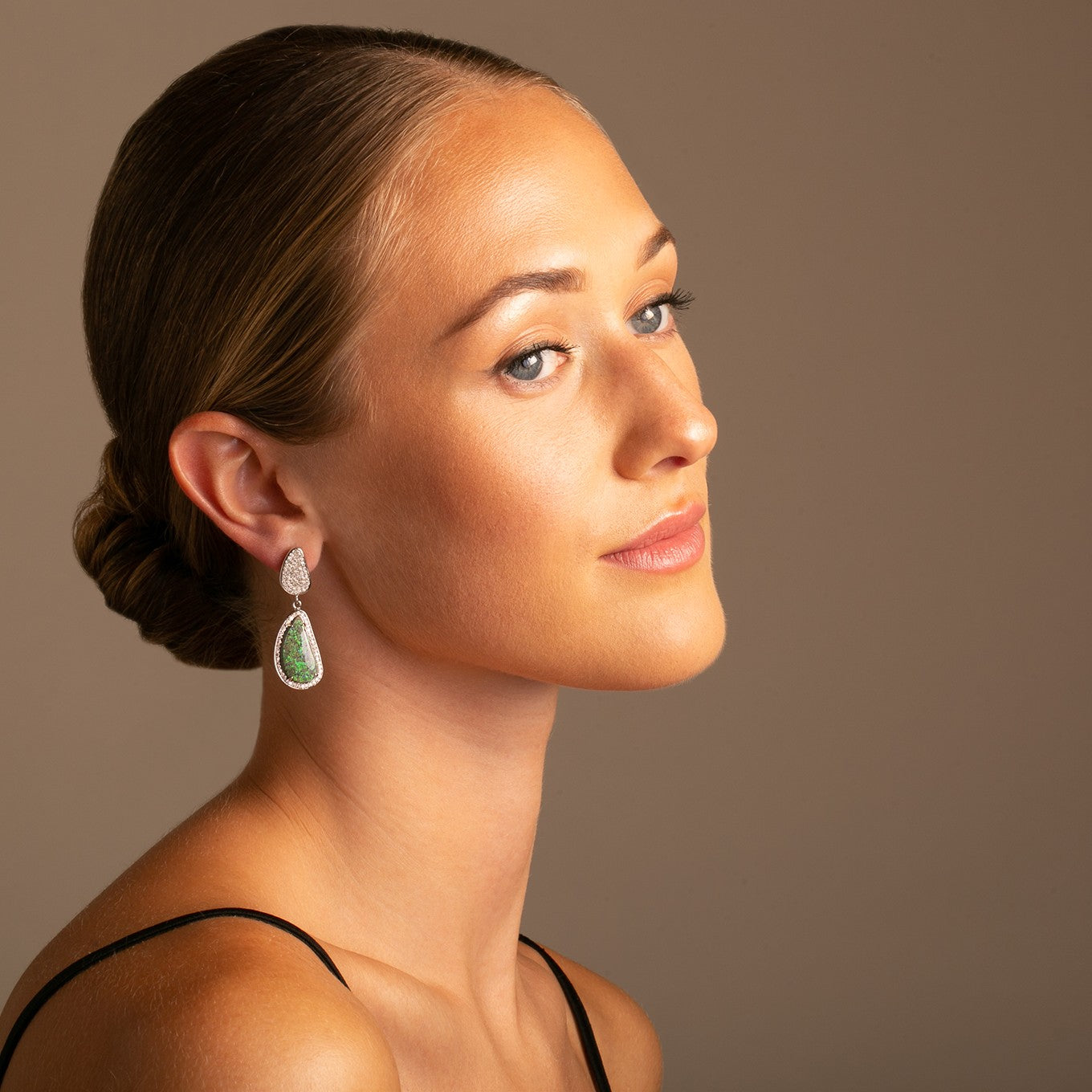 14K White Gold Opal and Diamond Drop Earrings on model  Thomas Laine Jewelry