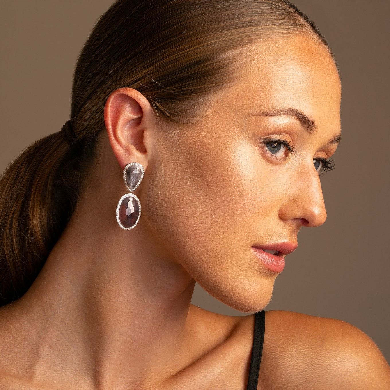 14k White Gold Sapphire Pear and Oval Slice  Diamond Earrings on model - Thomas Laine Jewelry