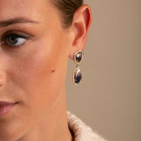 18K Yellow Gold Blue and Cognac Sapphire Slice Earrings - Side profile on Model -Thomas Laine Jewelry