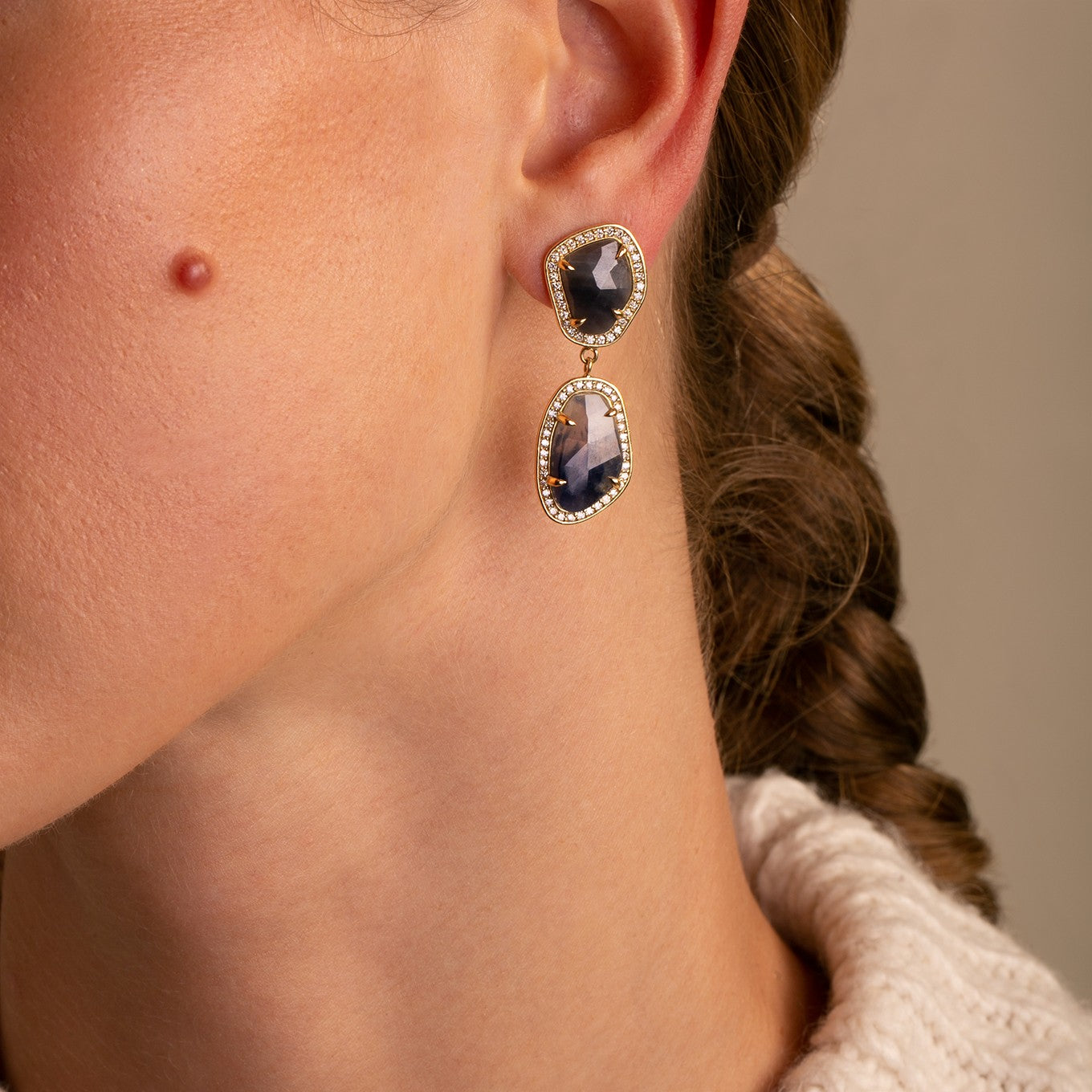 18K Yellow Gold Blue and Cognac Sapphire Slice Earrings -Each earring features a stunning slice of natural blue and cognac sapphire  Thomas Laine Jewelry