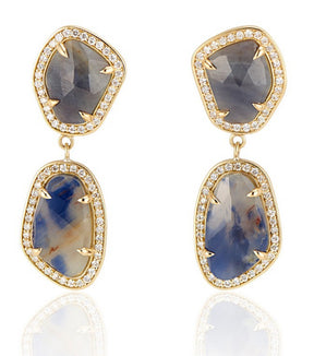 18K Yellow Gold Blue and Cognac Sapphire Slice Earrings - Thomas Laine Jewelry
