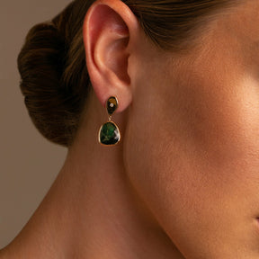 On Model One of a Kind 14K Yellow Gold and Diamond Teardrop with Natural Emerald Slice Drop Earrings