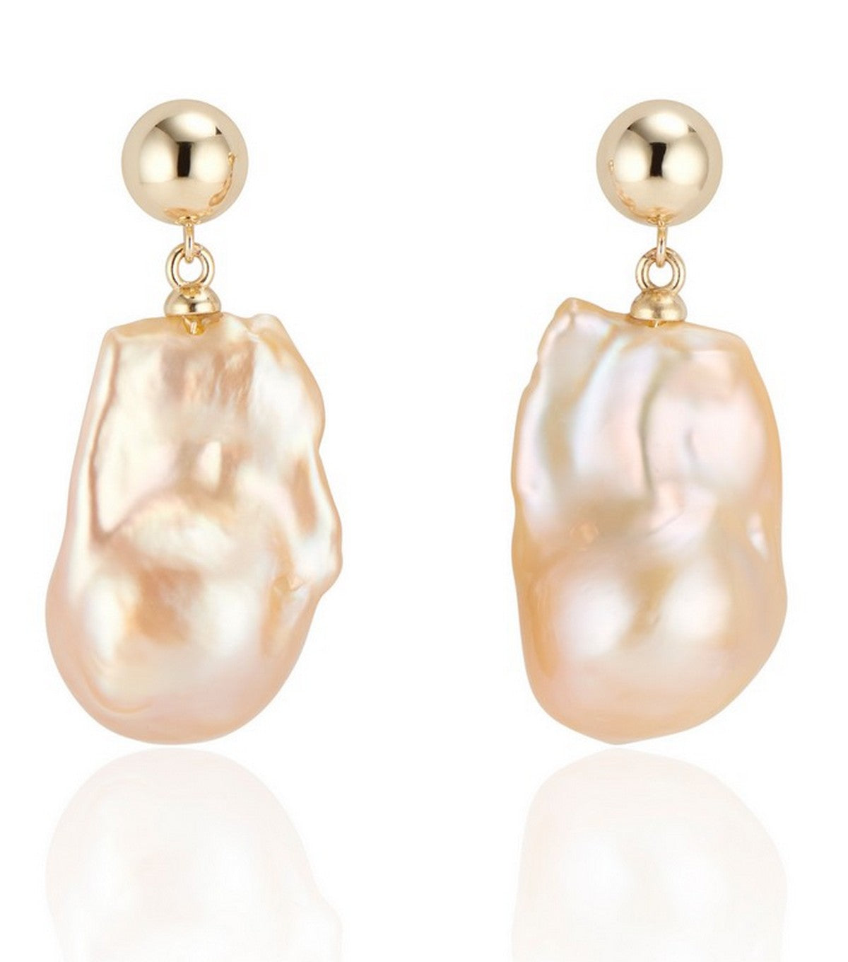 Double Bubble Design features a hollow 7.5mm 14k Yellow Gold Shiny ball with a natural golden hue baroque pearl drop.