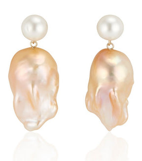 White Round Pearl & Golden Baroque Pearl Drop Earrings