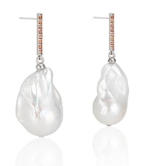 14K White  Gold Vertical  Bar with Sapphires and Baroque Pearl Drop Earrings - Thomas Laine Jewelry