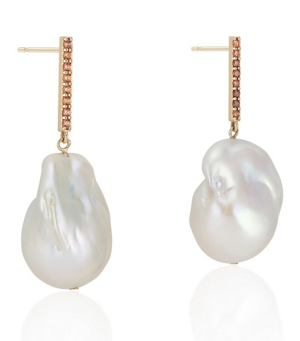 14K Yellow Gold Bar with Sapphires and Baroque Pearl Drop Earrings - Thomas Laine Jewelry