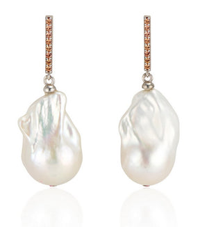14K Vertical Gold Bar with Sapphires and Baroque Pearl Drop Earrings - Thomas Laine Jewelry