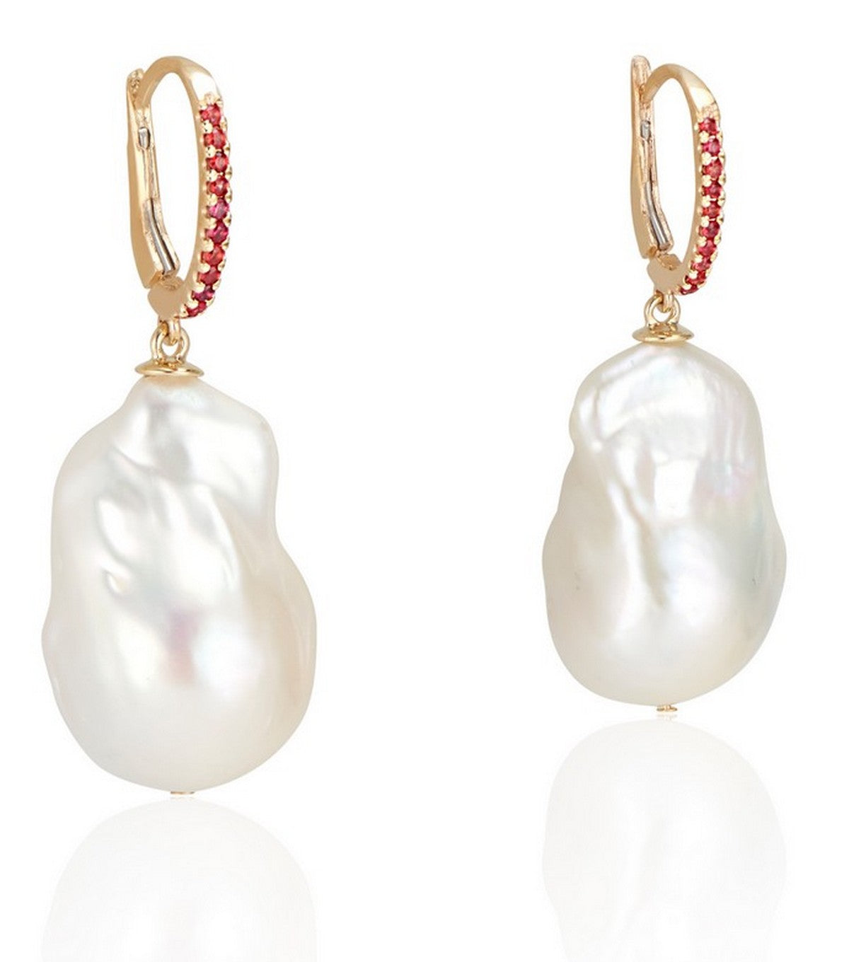 14K Gold Baroque Pearl and Flame Orange Sapphire Drop  Earrings - Thomas Laine Jewelry