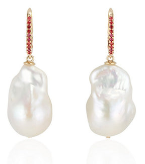 14K Gold Baroque Pearl and Flame Orange Sapphire Earrings - Thomas Laine Jewelry