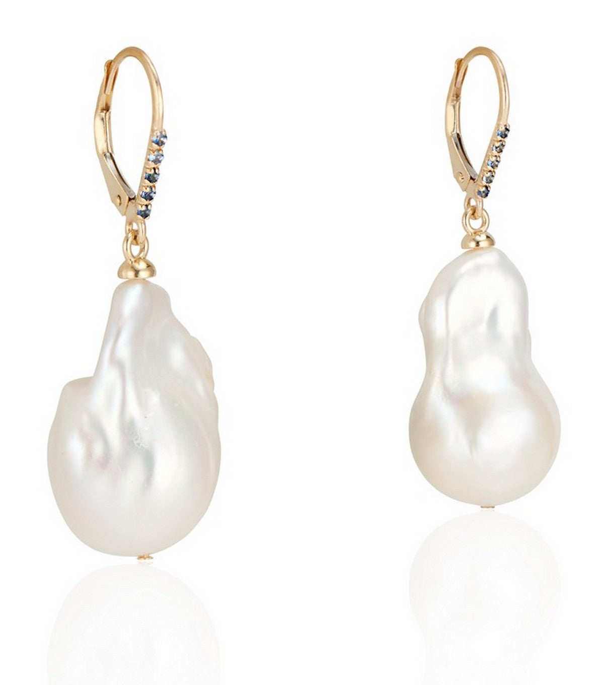 14 Karat Yellow Gold Baroque Pearl and Blue Sapphire Drop Earrings