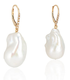 14K Yellow Gold Baroque Pearl and Diamond Earrings - Thomas Laine Jewelry