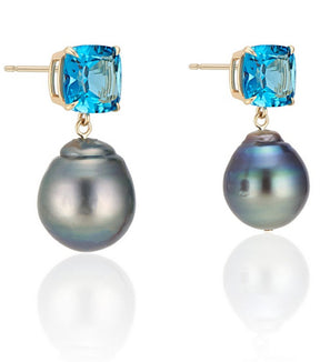 14k Yellow Gold with London Blue Topaz and  Green Baroque Pearl Drop Earrings - Thomas Laine Jewelry