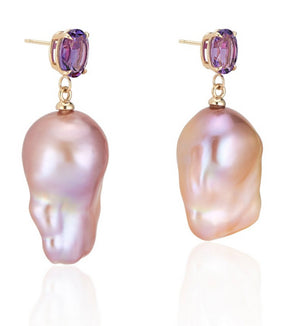 14K Yellow Gold Amethyst Natural Pink Baroque Pearl Earrings - Thomas Laine Jewelry