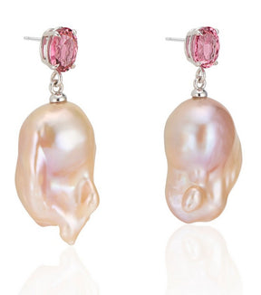 Pink Tourmaline with Natural Pink Baroque Pearl Earrings - Thomas Laine Jewelry