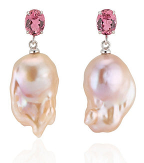 Pink Tourmaline with Natural Pink Baroque Pearl Earrings - Thomas Laine Jewelry