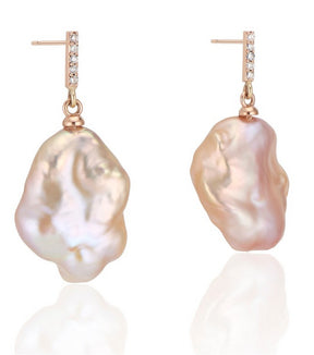 Vertical Gold Diamond Bar Baroque Pearl Earrings - Thomas Laine Jewelry