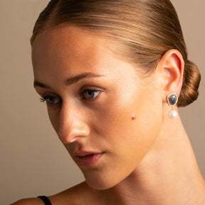 Blue Sapphire Diamond and Pearl Drop Earrings on a model -Thomas Laine Jewellery