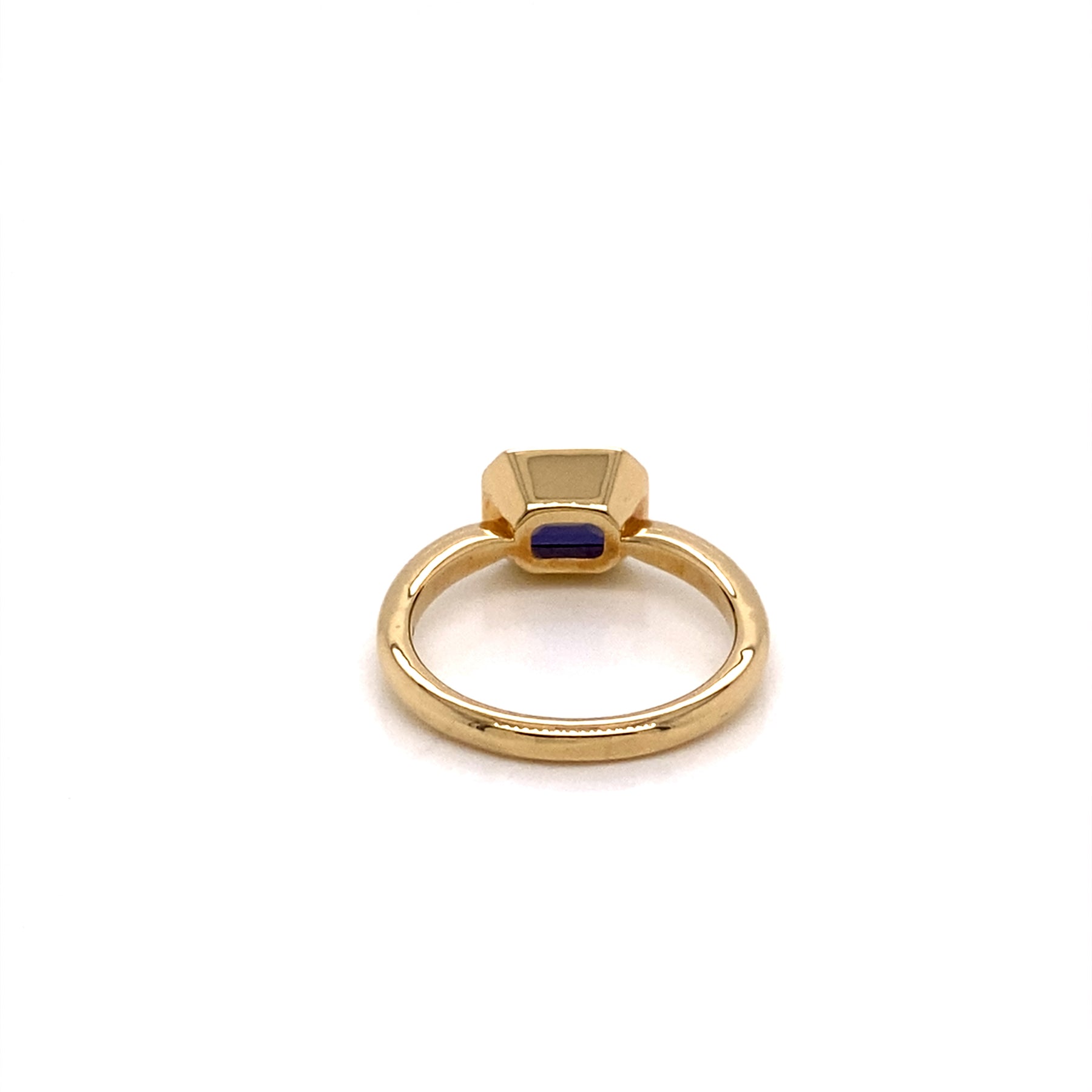 back of 10K Yellow Gold East to West Emerald Cut Iolite Bezel Set Stacking Ring