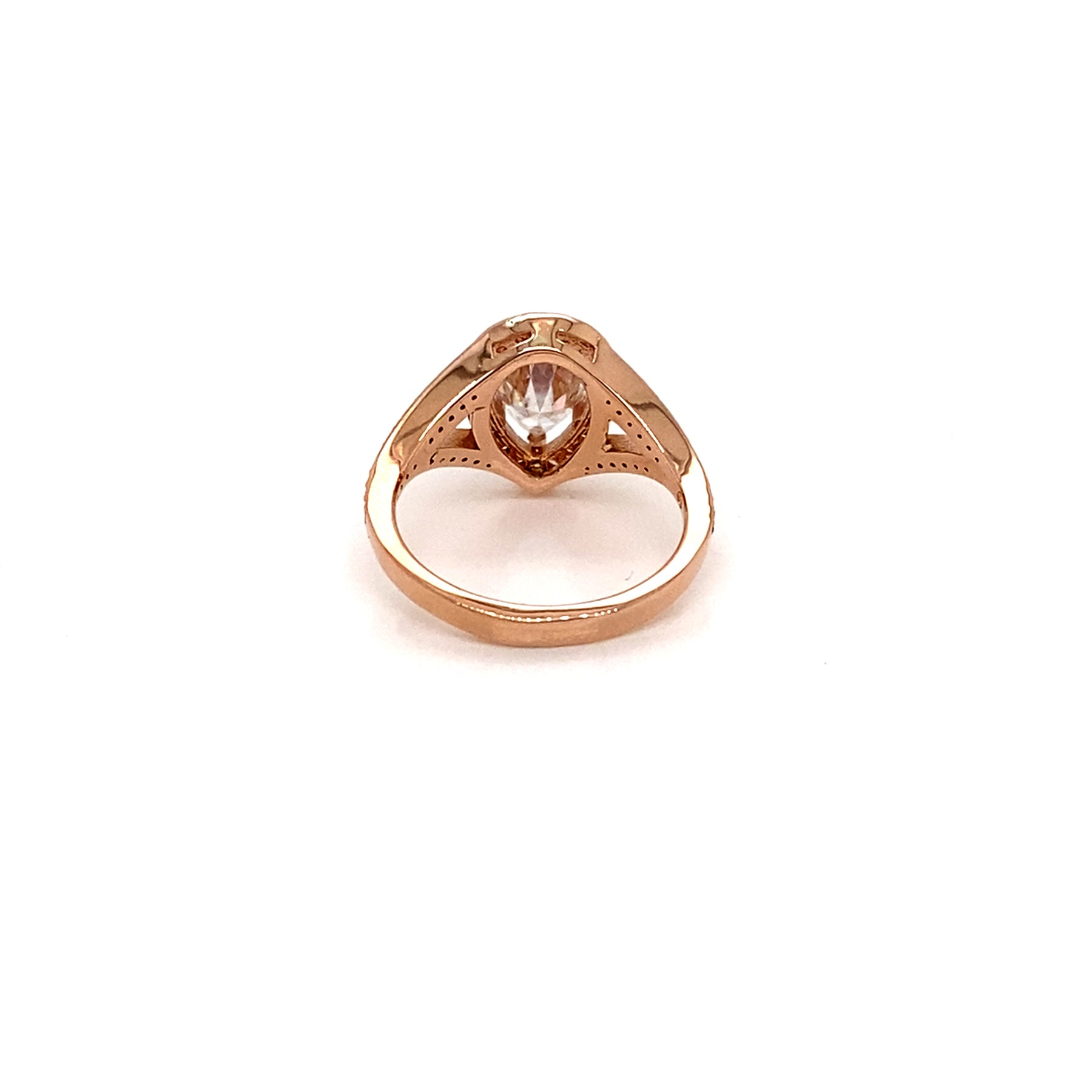 14K Rose Gold Split Shank Pear Cut Moissanite and Diamond Engagement Ring