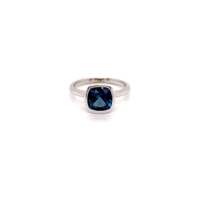 14K White Gold Cushion Cut London Blue Topaz Ring.