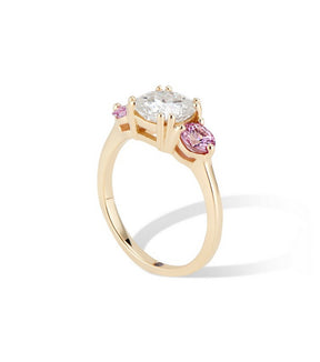 Three Stone Ring - Cushion cut Moissanite and Pink Sapphire Ring 