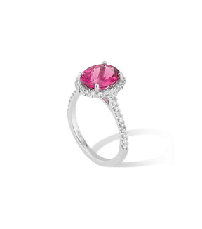 14K White Gold  Oval Pink Tourmaline Diamond Halo Ring - Cocktail Ring