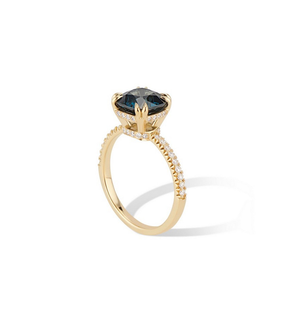 18K Yellow Gold Cushion Cut Peacock Blue Spinel Engagement Ring - Thomas Laine Jewelry