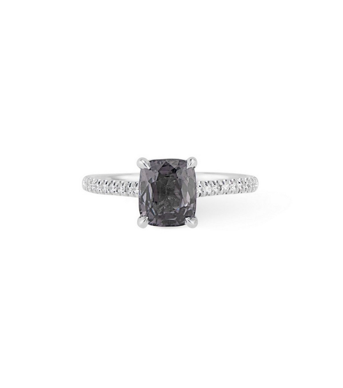 14K white gold cushion cut Smokey grey spinel ring with diamond hidden halo and diamond accented band. 