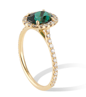 18K Yellow Gold Green Tourmaline Ring with Diamond Halo - Thomas Laine Jewelry