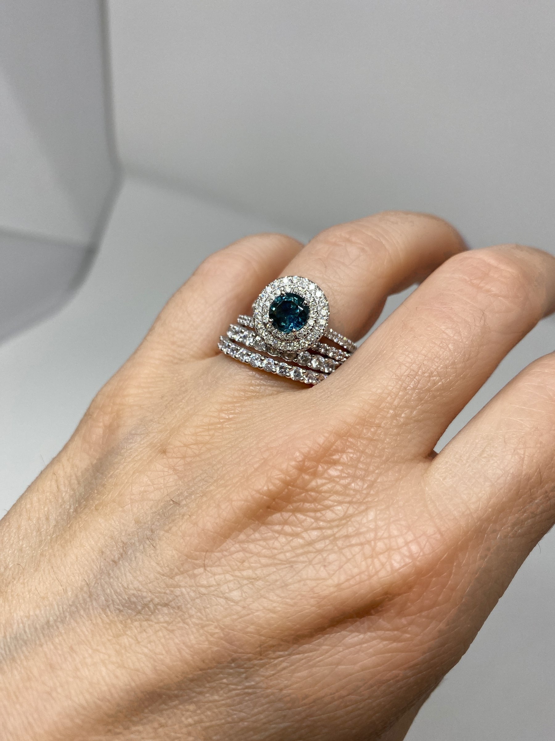 18K White Gold Double Diamond Halo  Teal Montana Sapphire Ring on Model