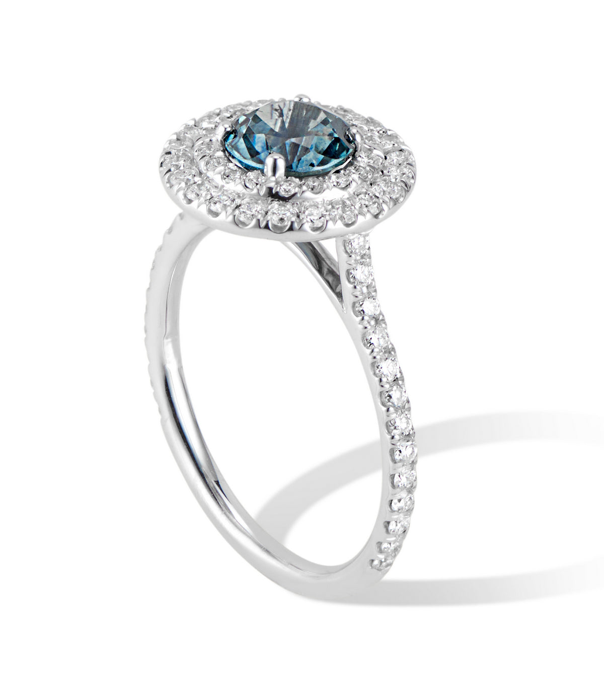 18K White Gold Double Diamond Halo Montana Sapphire Ring - Side Profile Thomas Laine Jewelry