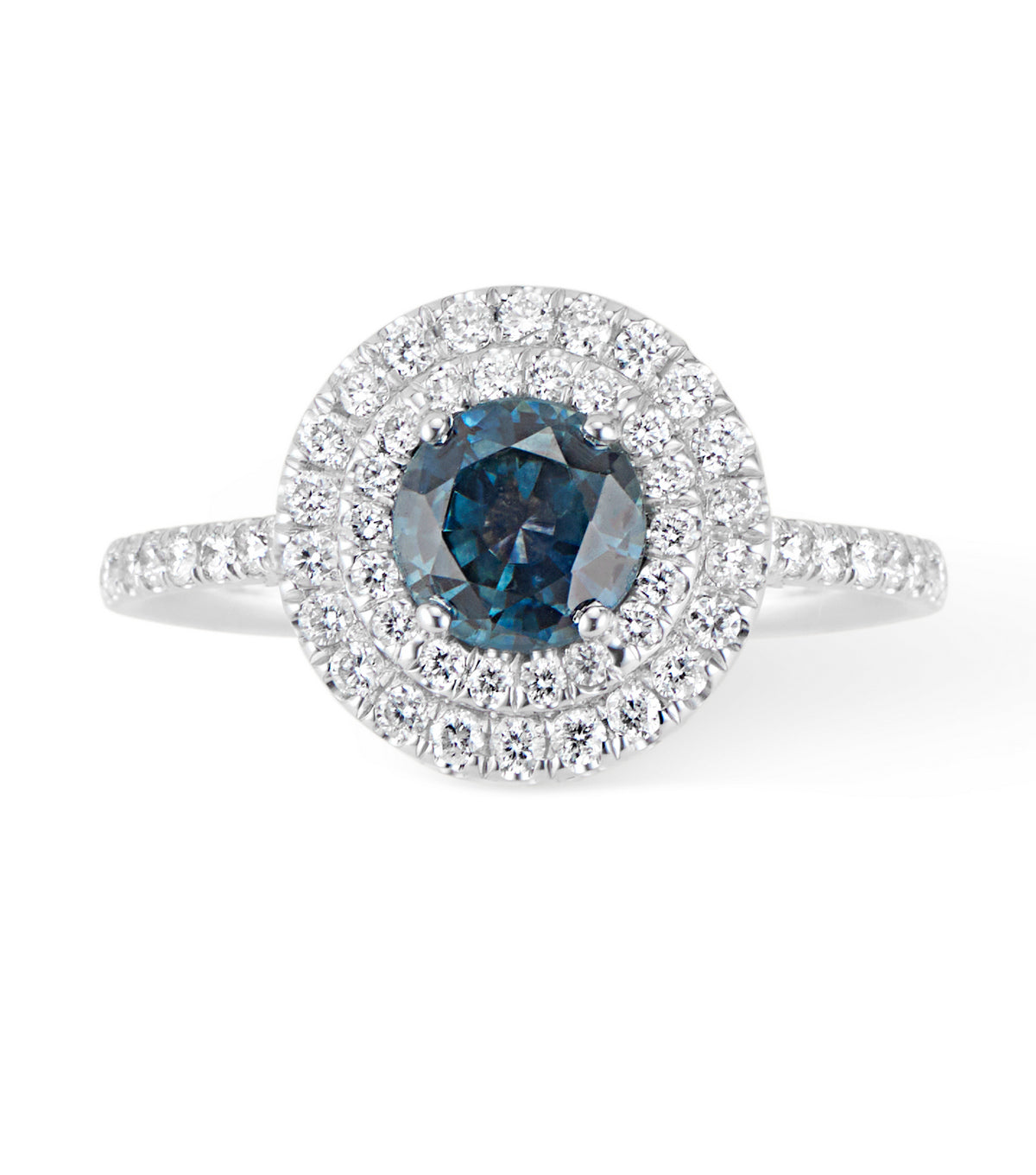 18K White Gold Double Diamond Halo Montana Sapphire Ring - Thomas Laine Jewelry
