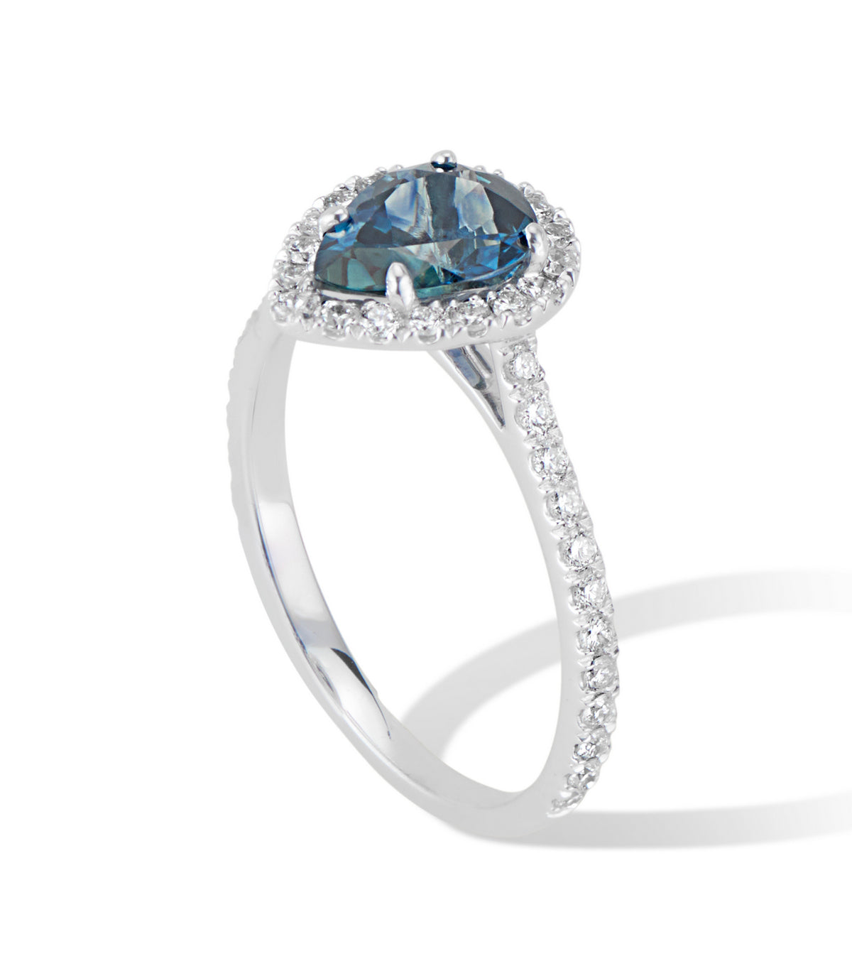 18K White Gold Diamond Halo Teardrop Montana Sapphire Ring - Thomas Laine Jewelry
