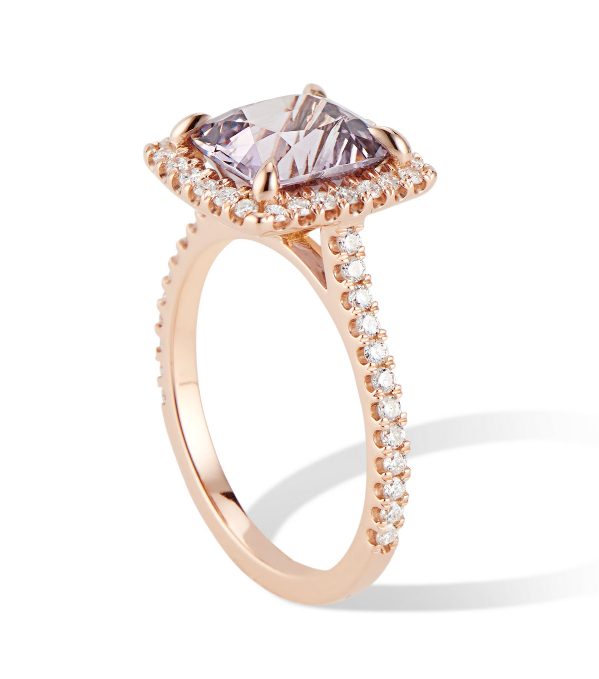 18K Rose Gold Diamond Halo 3ct Lavender Spinel Ring -Side Profile  Thomas Laine Jewelry