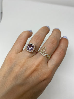 18K Rose Gold Diamond Halo 3ct Lavender Spinel Ring  styled with Love Ring on Model