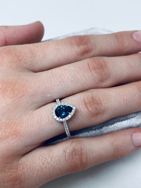 18K White Gold Diamond Halo Teardrop Montana Sapphire Ring - Thomas Laine Jewelry