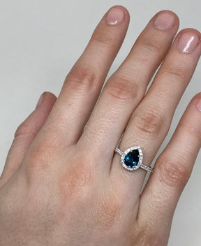 18K White Gold Diamond Halo Teardrop Montana Sapphire Ring - on model