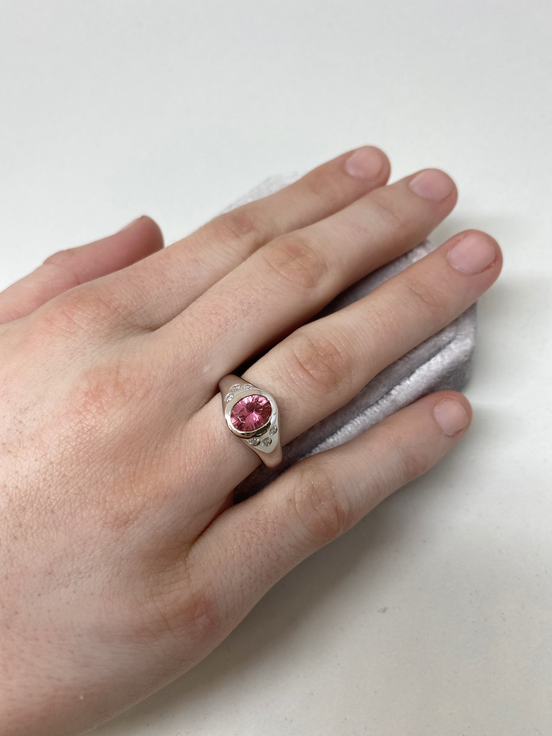 14K White Gold Pink Tourmaline and Diamond Pinky Signet Ring on Right hand 4th Finger - Thomas Laine Jewellery