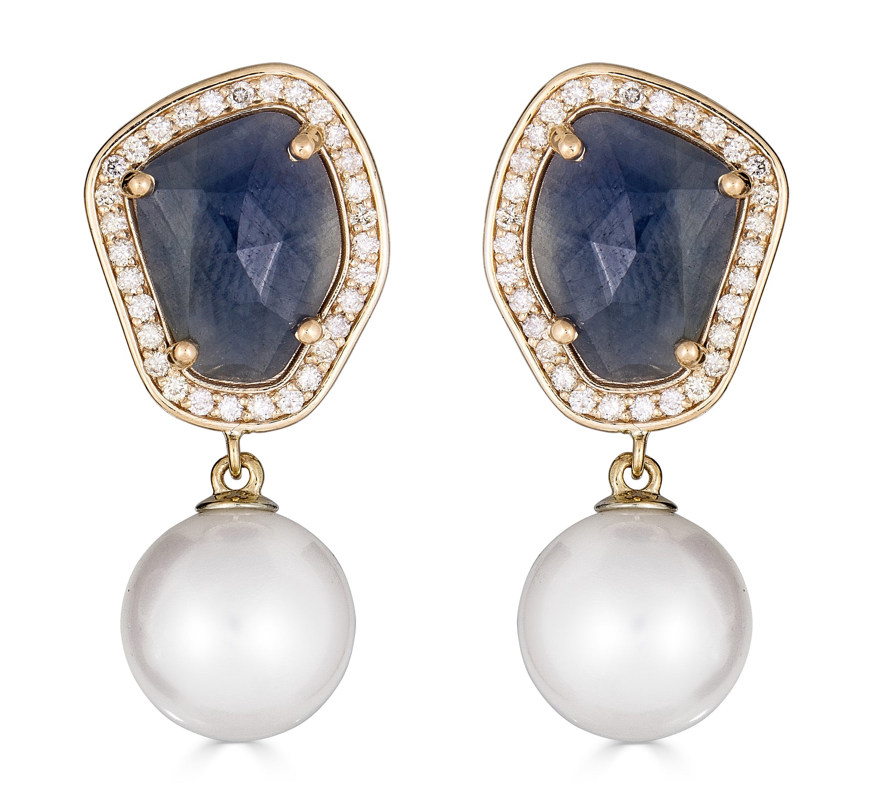 Blue Sapphire and Pearl Drop Earrings - Each earring features a lustrous, 11-13mm freshwater pearl suspended from a mesmerizing blue sapphire slice -TThomas Laine Jewelry