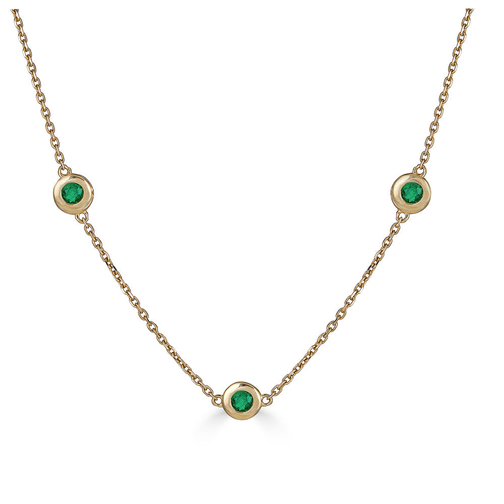 14K Yellow Gold Ten Stone Bezel Set Emerald Necklace - Detail Shot Thomas Laine Jewelry